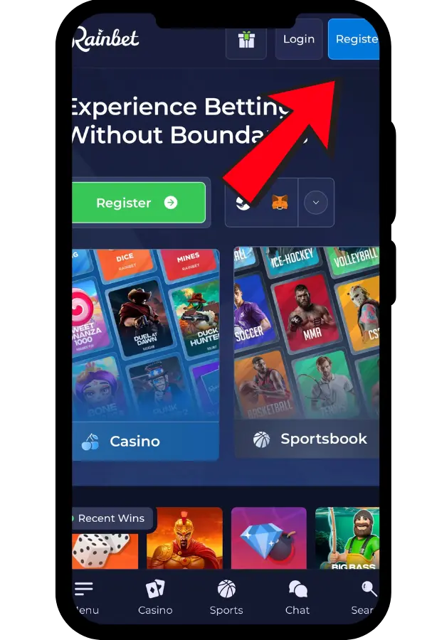 Rainbet app homepage with Register button, casino, and sportsbook sections