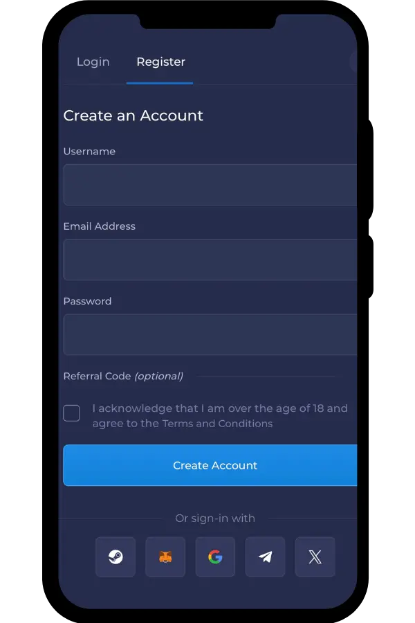 Rainbet app registration screen with username, email, password fields, and Create Account button