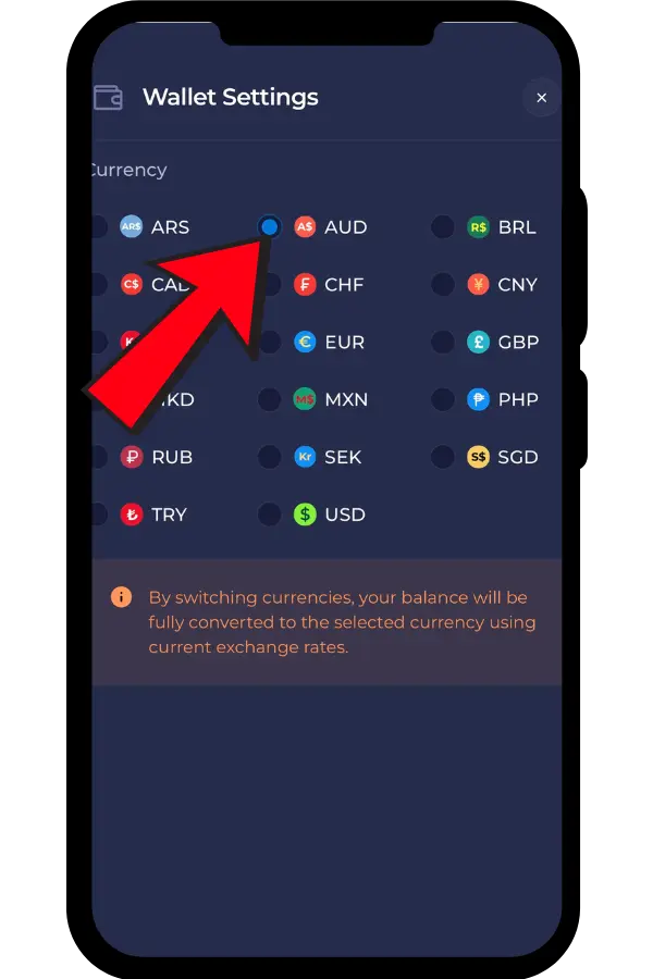 Rainbet app wallet settings with currency list set to AUD and conversion note