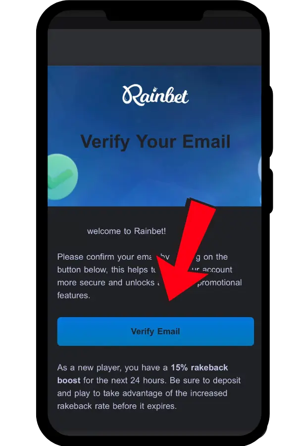 Rainbet app email verification screen with Verify Email button and welcome message